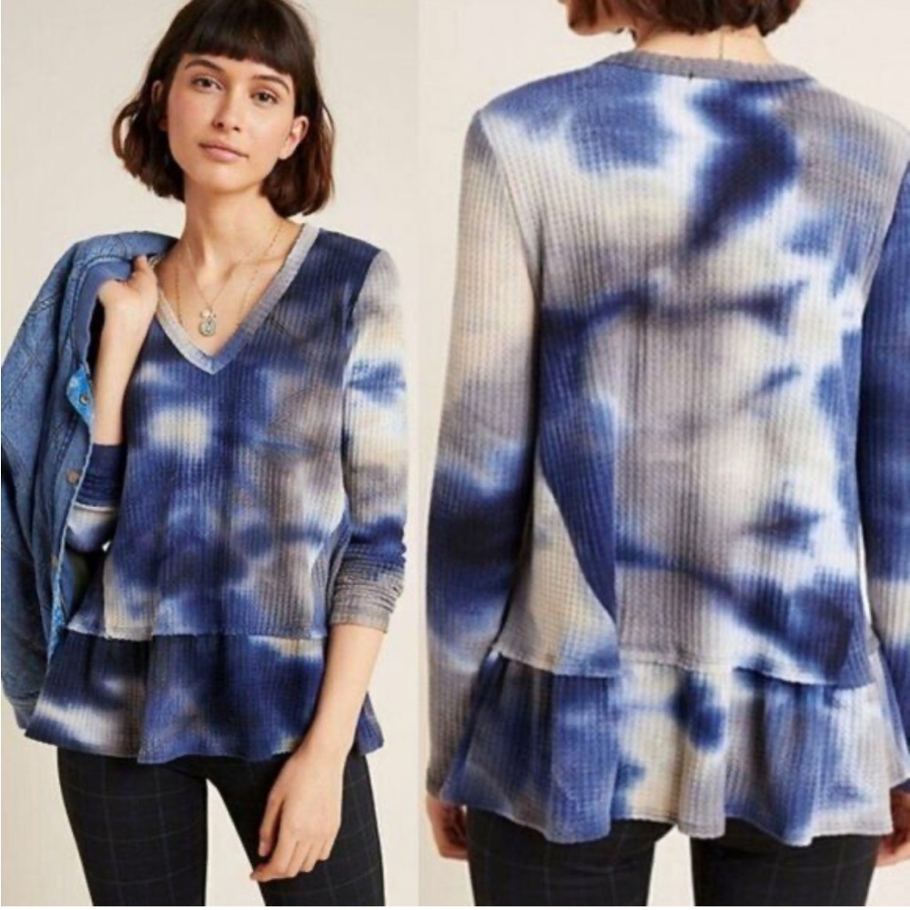 Anthropologie Tallie Blue Tie Dye V-Neck Top